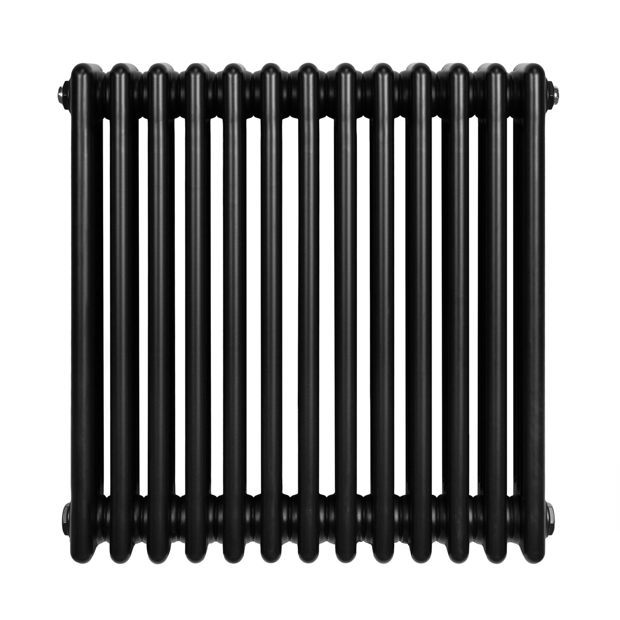 Radiateur traditionnel noir à 4 colonnes, dimensions 600 x 605 mm, finition lisse et brillante, design élégant et vintage