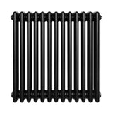 Radiateur traditionnel noir à 4 colonnes, dimensions 600 x 605 mm, finition lisse et brillante, design élégant et vintage