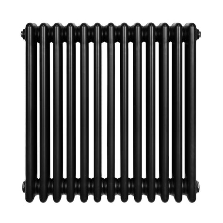 Radiateur traditionnel noir à 4 colonnes, dimensions 600 x 605 mm, finition lisse et brillante, design élégant et vintage