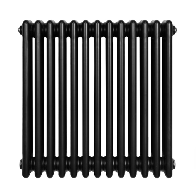 Radiateur traditionnel noir à 4 colonnes, dimensions 600 x 605 mm, finition lisse et brillante, design élégant et vintage