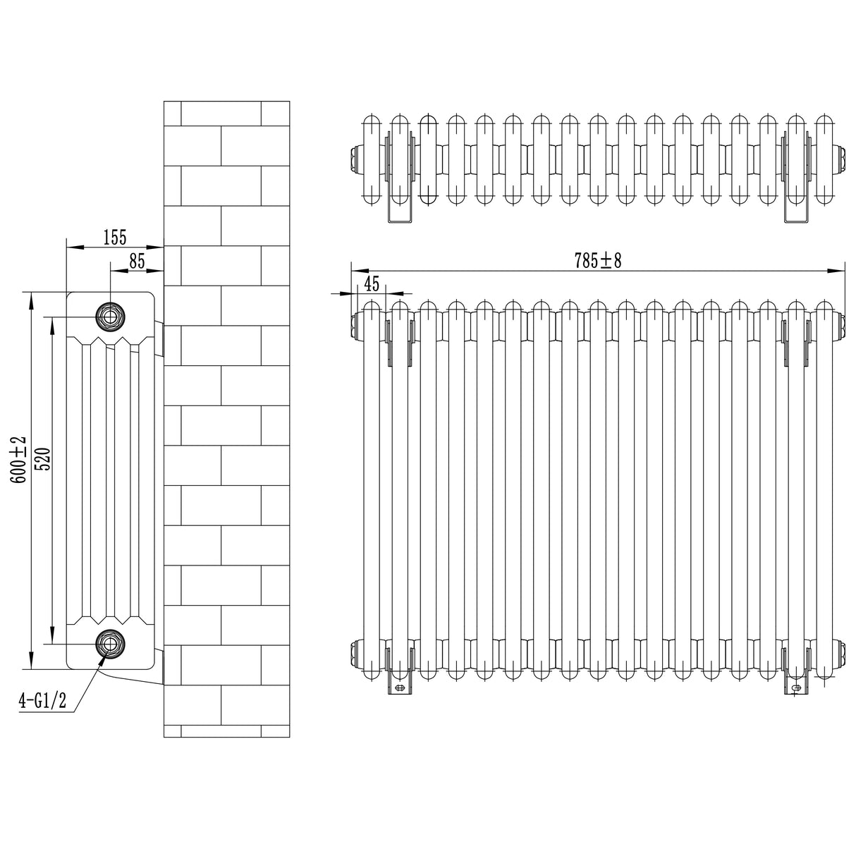 Radiateur traditionnel à 4 colonnes blanc, dimensions 600 x 785 mm, avec des détails texturés et une finition lisse, idéal pour le chauffage intérieur