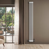 Radiateur traditionnel à 4 colonnes blanc, 1800 x 200 mm, installé sur un mur beige, avec lumière naturelle et vue sur l'extérieur