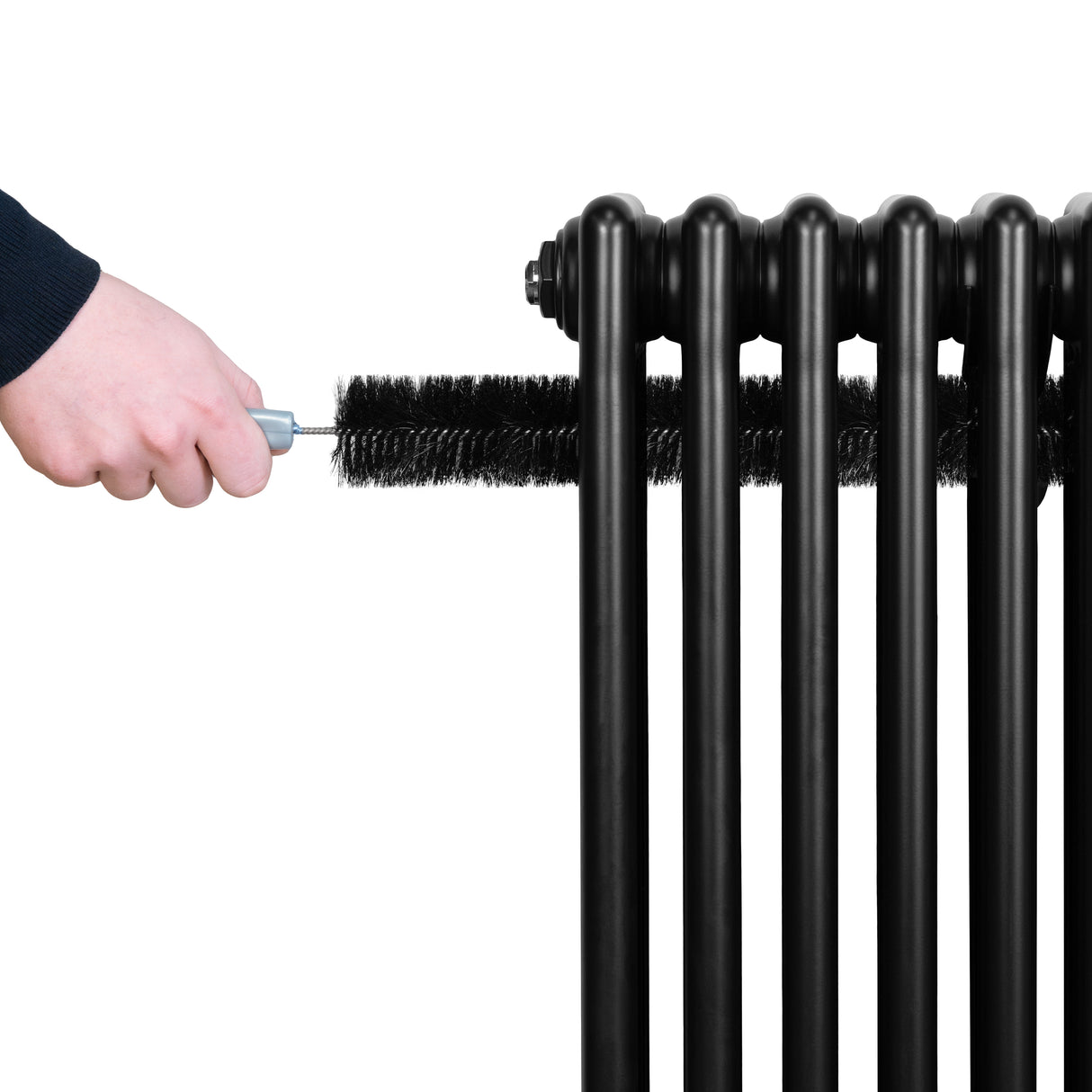 Radiateur traditionnel noir à 4 colonnes, 1800 x 200 mm, avec une brosse pour le nettoyage des colonnes en métal lisse et brillant