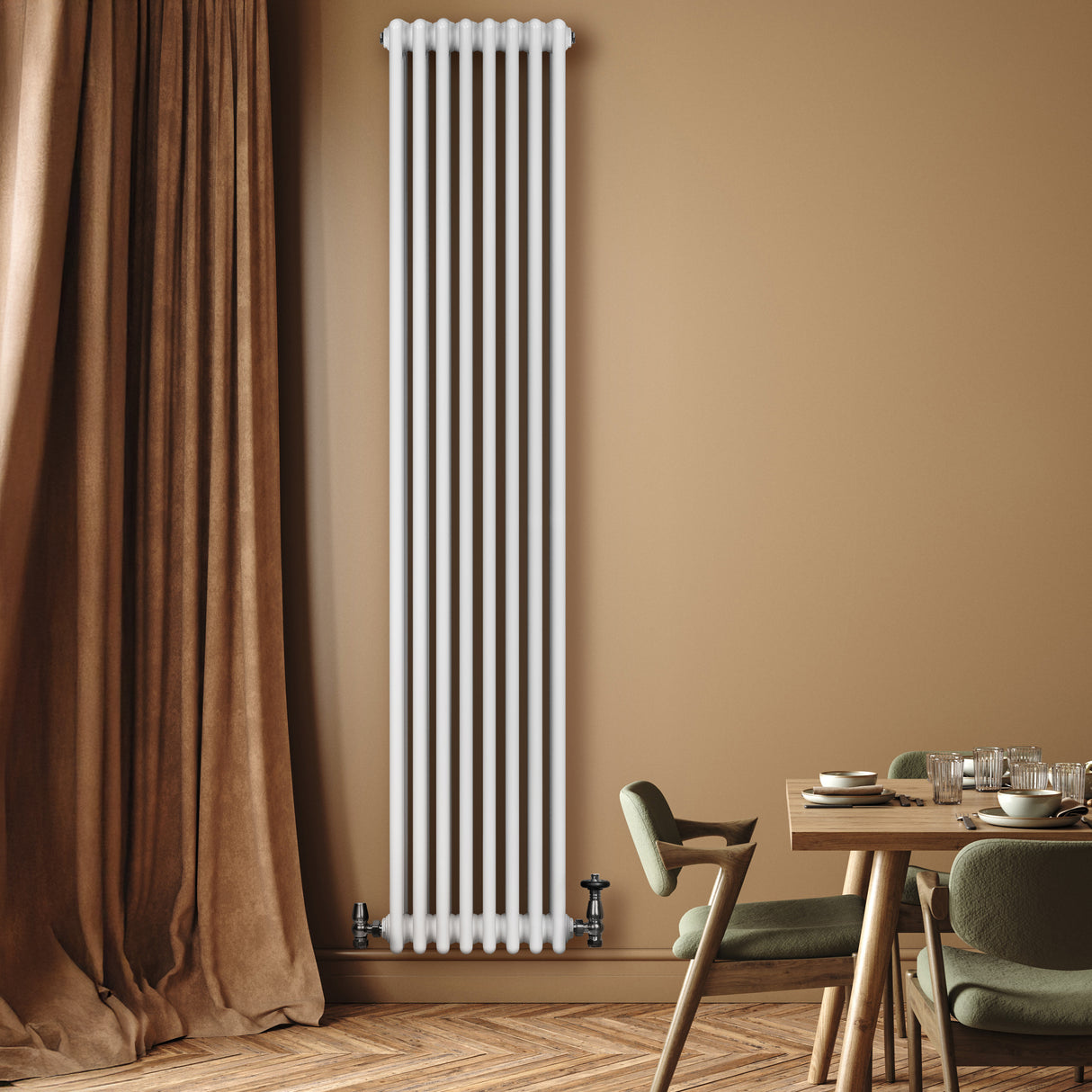 Radiateur traditionnel à 4 colonnes blanc, 1800 x 380 mm, installé sur un mur beige, avec des textures douces et un design élégant
