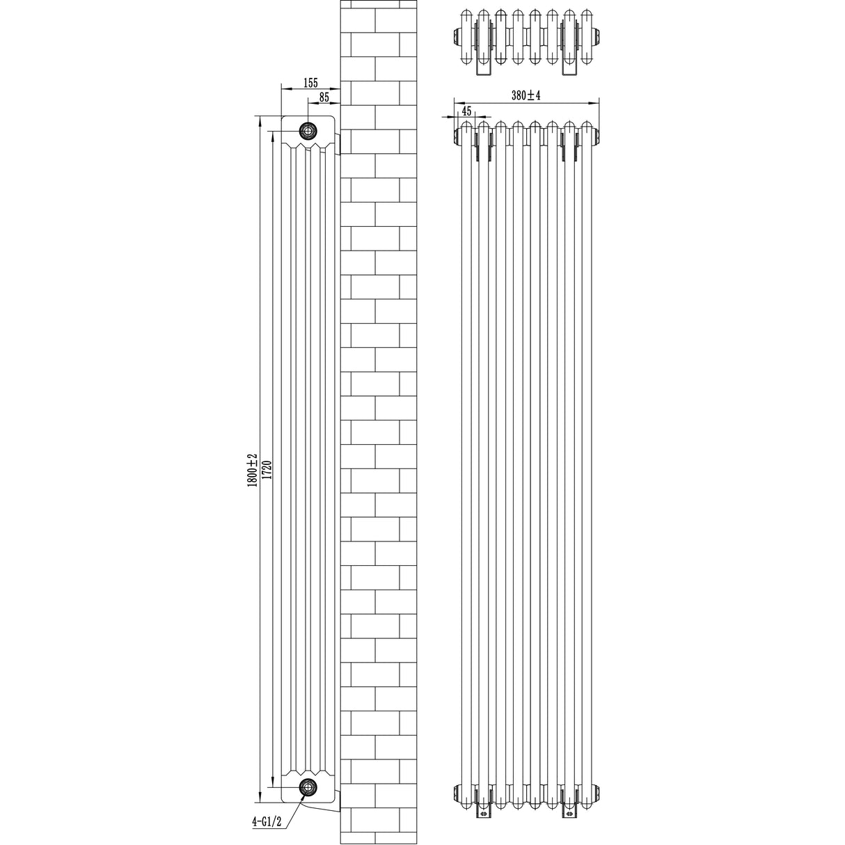 Radiateur traditionnel à 4 colonnes, blanc, dimensions 1800 x 380 mm, avec un design élégant et des finitions lisses