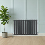 Radiateur plat gris anthracite à un panneau, design moderne avec finitions lisses, installé près d'une plante verte sur un sol en bois clair