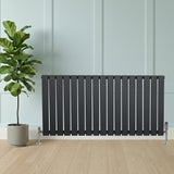 Radiateur plat gris anthracite à un panneau, installé au sol, avec des pieds chromés, devant un mur clair et une plante verte