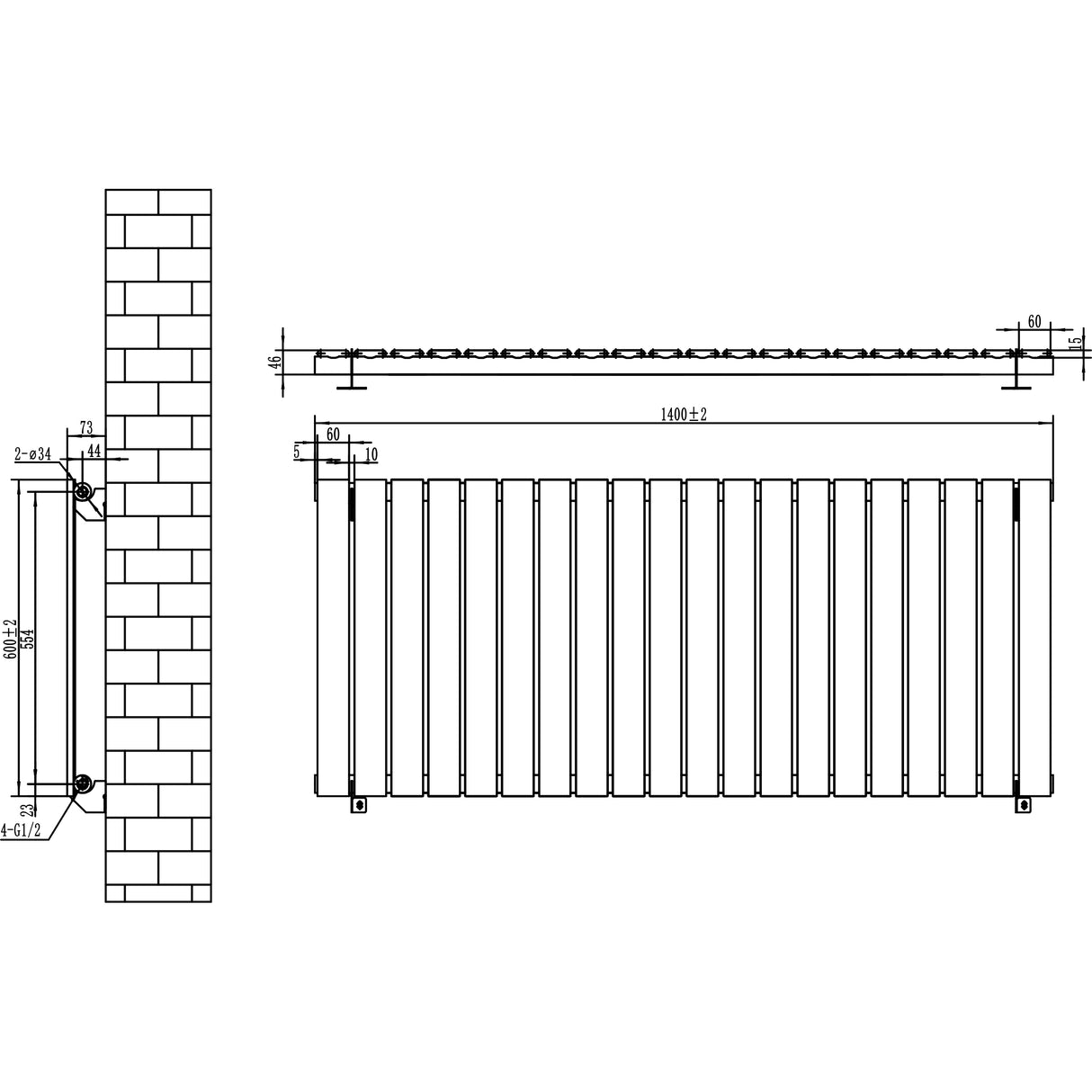 Radiateur plat noir à un panneau, dimensions 600 x 1400 mm, avec des lignes épurées et une finition lisse, idéal pour un intérieur moderne
