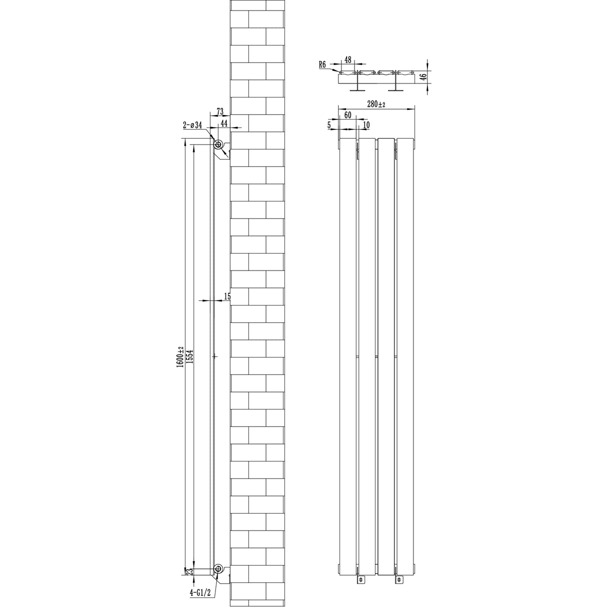 Radiateur plat noir à un panneau, dimensions 1600 x 280 mm, design moderne avec lignes épurées et finition lisse