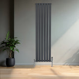 Radiateur plat gris anthracite à un panneau, design moderne avec des lignes verticales, installé dans un intérieur lumineux avec plante verte