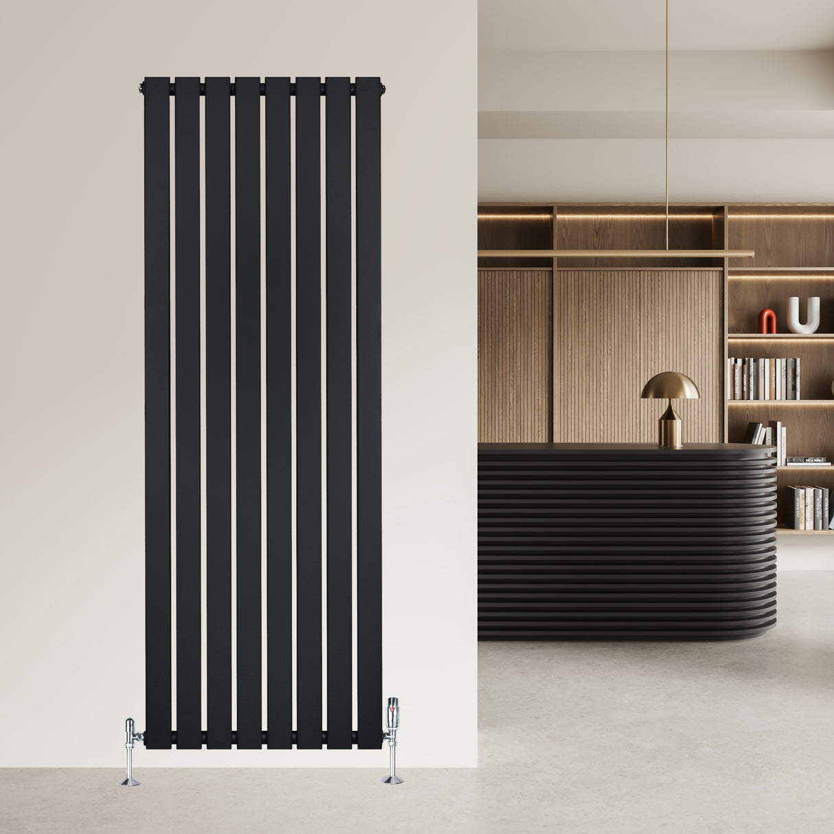 Radiateur plat noir à 1 panneau, dimensions 1600 x 560 mm, design moderne avec des lignes verticales élégantes et finition lisse