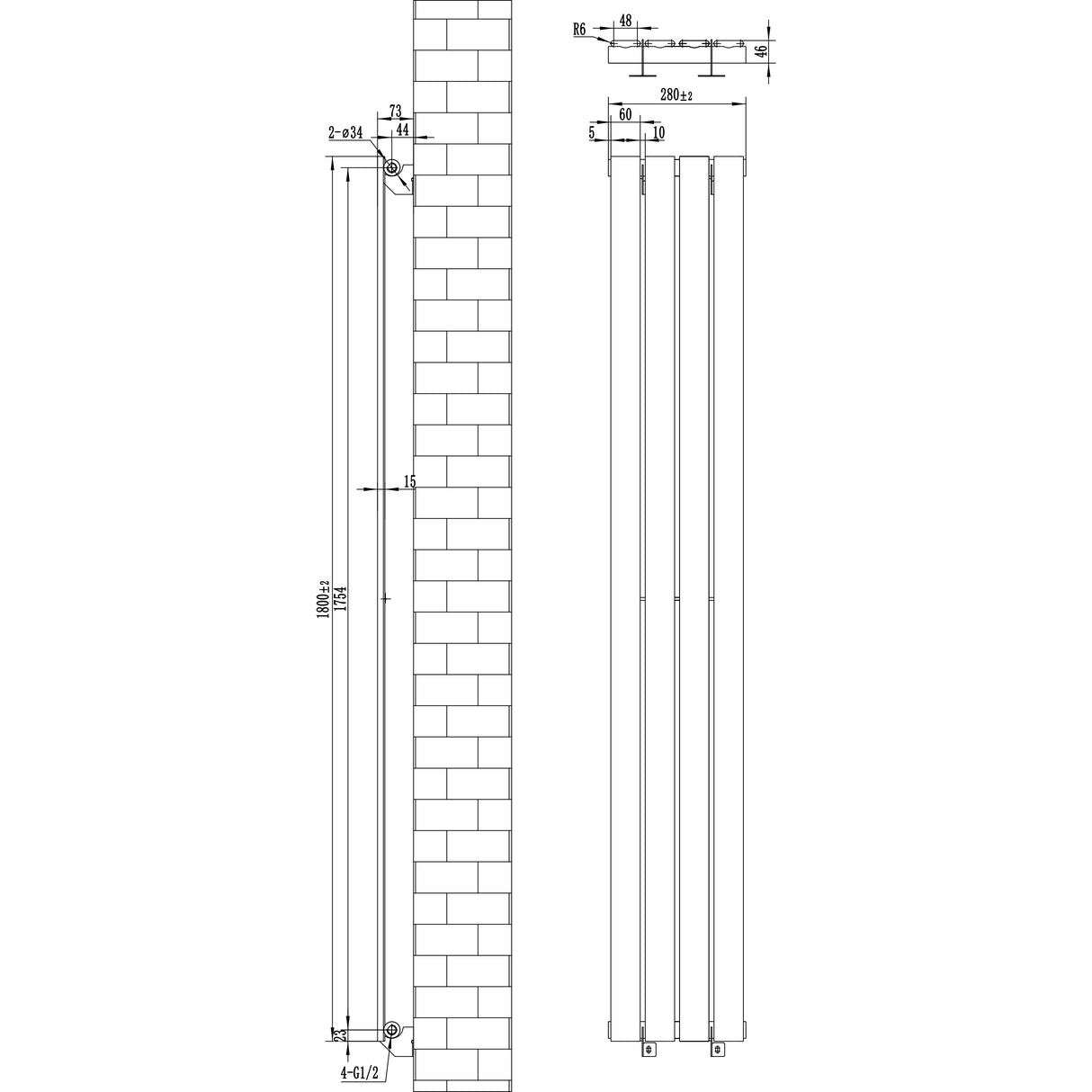 Radiateur plat à un panneau gris anthracite, dimensions 1800 x 280 mm, design moderne et épuré, surface lisse et élégante