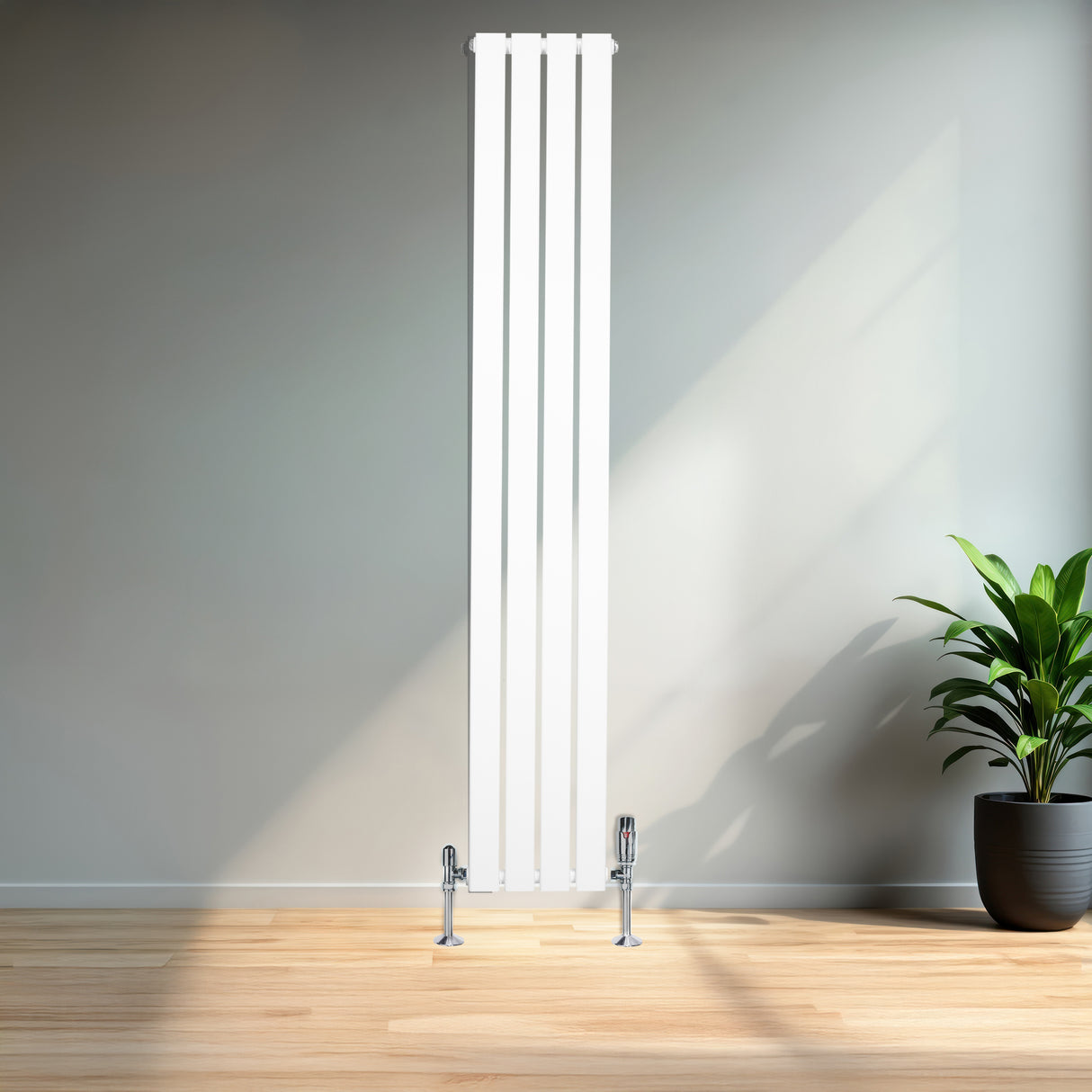 Radiateur plat blanc à un panneau, dimensions 1800 x 280 mm, avec un design moderne et épuré, installé dans un intérieur lumineux