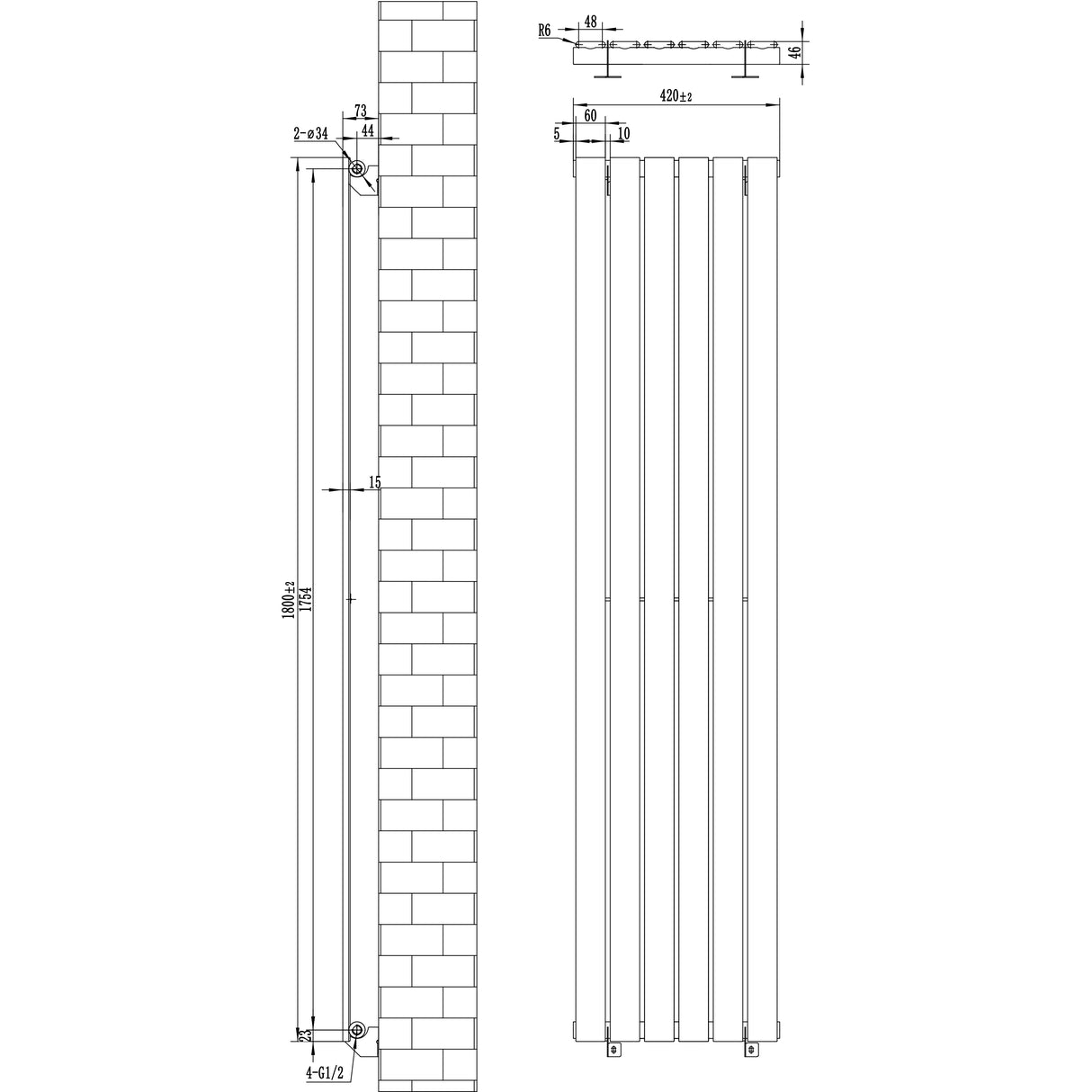 Radiateur plat à un panneau gris anthracite, dimensions 1800 x 420 mm, design moderne avec lignes épurées et finition lisse