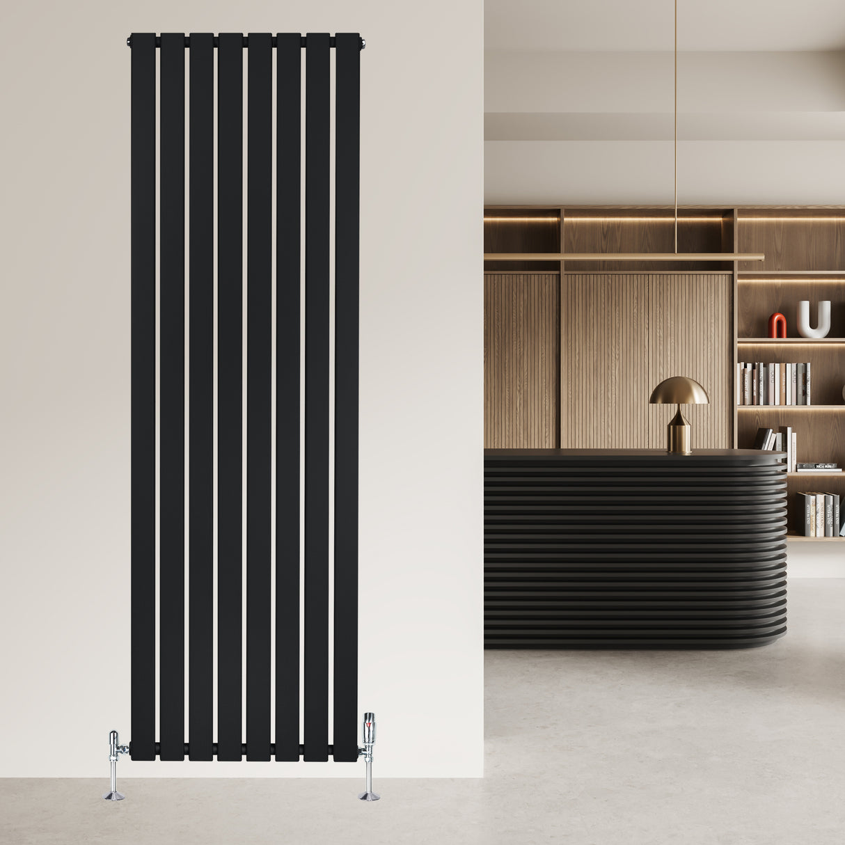 Radiateur plat noir à 1 panneau, dimensions 1800 x 560 mm, design moderne avec des lignes verticales élégantes et finition lisse