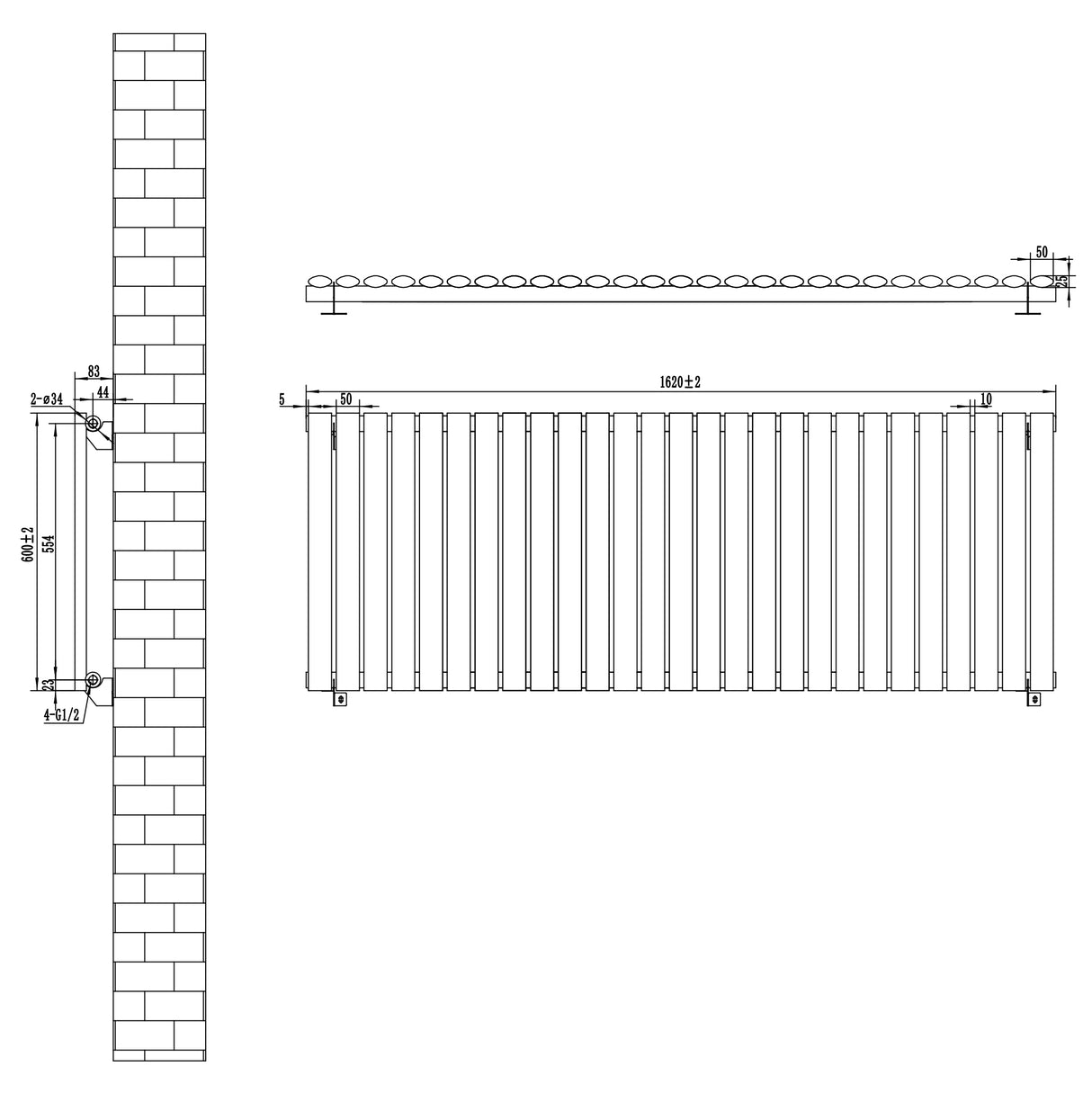 Radiateur à colonnes ovales noir, 600 x 1620 mm, avec design élégant, lignes épurées et finition lisse, idéal pour le chauffage intérieur