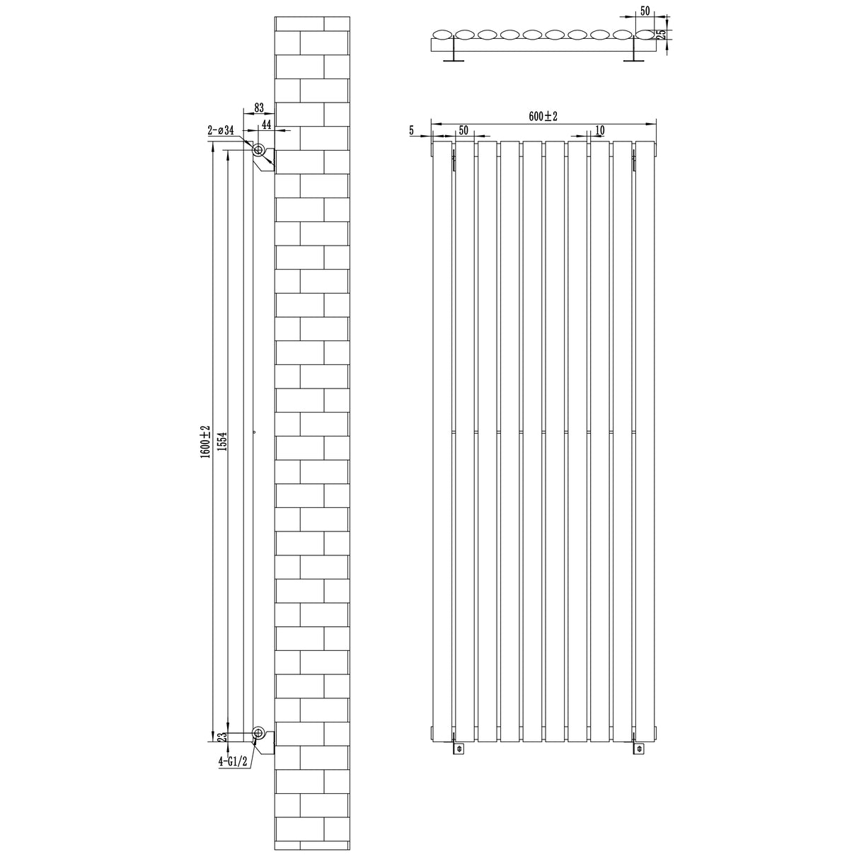 Radiateur à colonnes ovales noir, dimensions 1600 x 600 mm, avec un design élégant et des lignes épurées, idéal pour un intérieur moderne