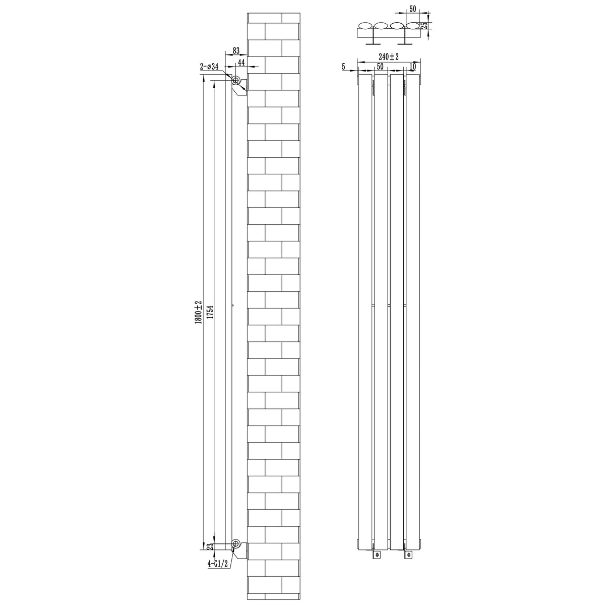 Radiateur à colonnes ovales blanc, dimensions 1800 x 240 mm, design moderne avec surface lisse et finitions épurées