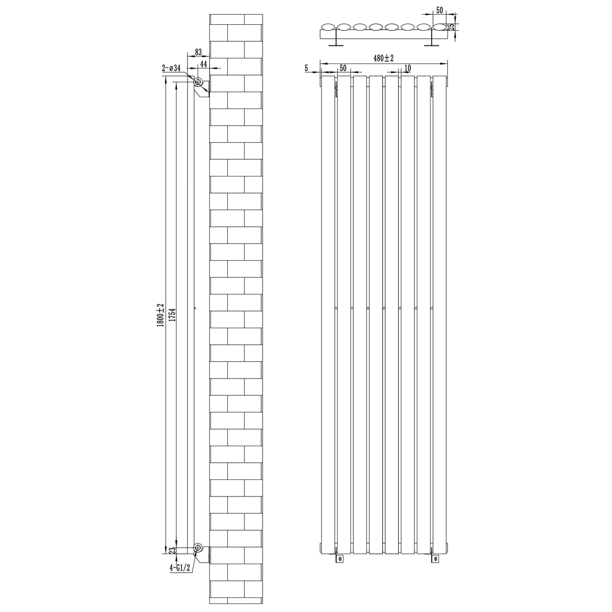 Radiateur à colonnes ovales blanc, dimensions 1800 x 480 mm, design élégant avec surface lisse et finitions modernes