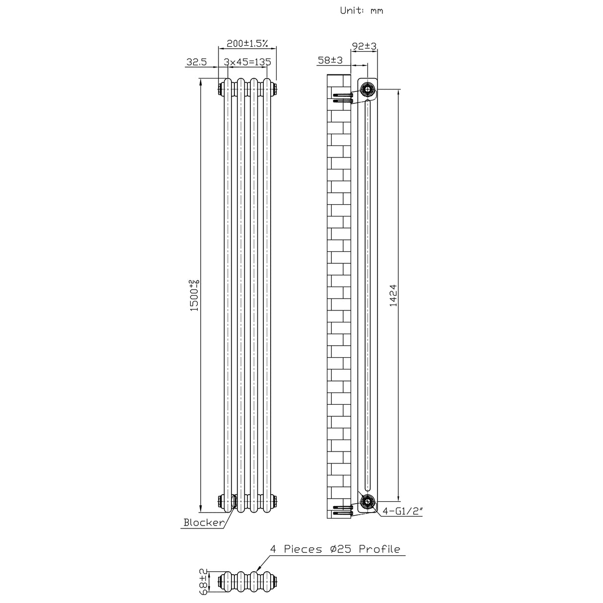 Radiateur Traditionnel à 2 Colonnes - 1500 x 200 mm - Métal Brut