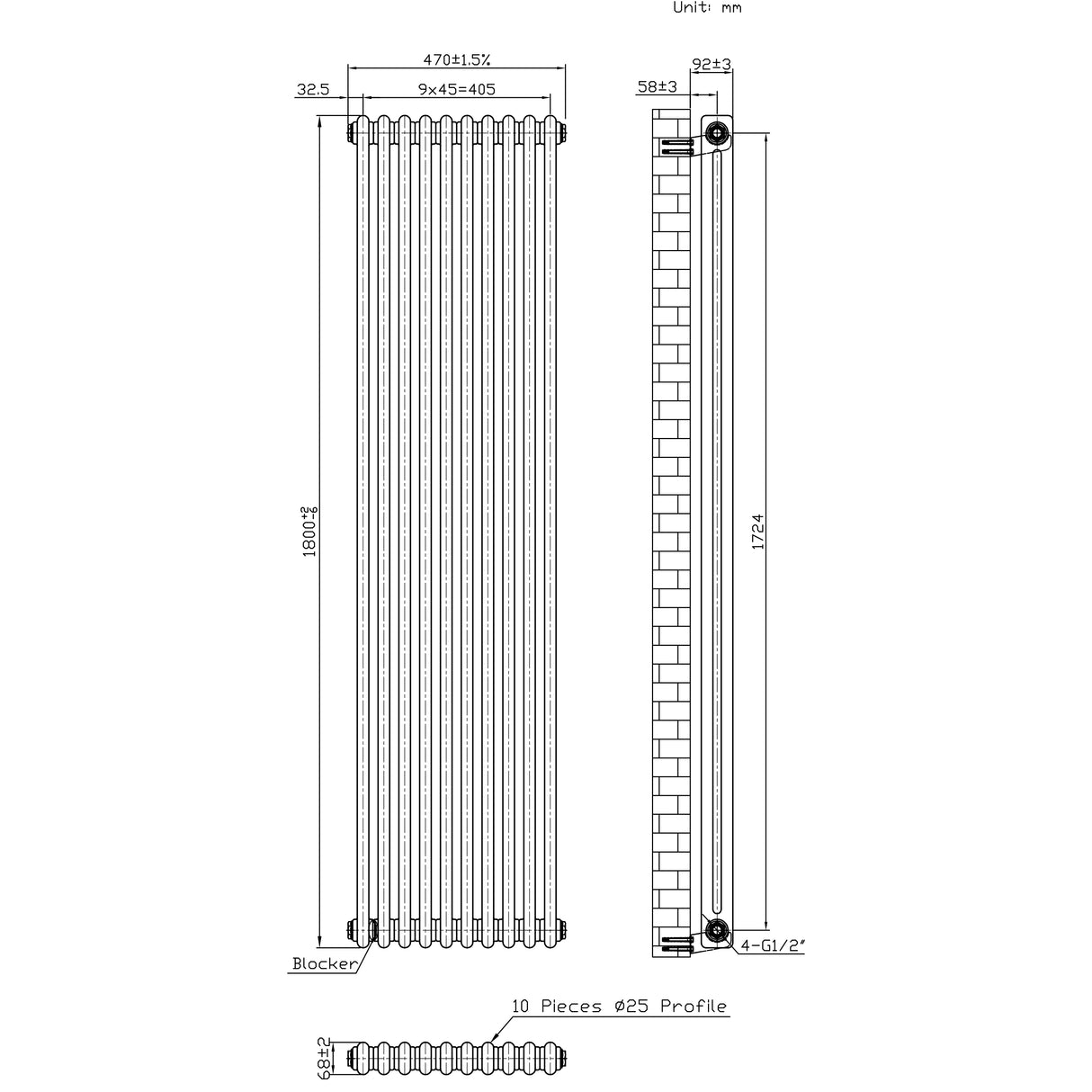 Radiateur Traditionnel à 2 Colonnes - 1800 x 470 mm - Métal Brut