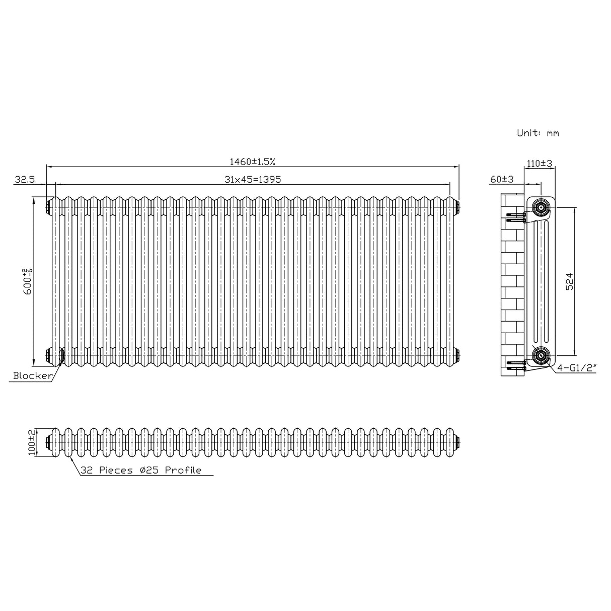 Radiateur Traditionnel à 3 Colonnes - 600 x 1460 mm - Métal Brut