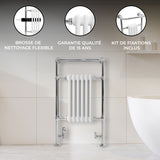 Radiateur en chrome avec tubes blancs, design élégant, garanti 15 ans, kit de fixations inclus, idéal pour salle de bain moderne