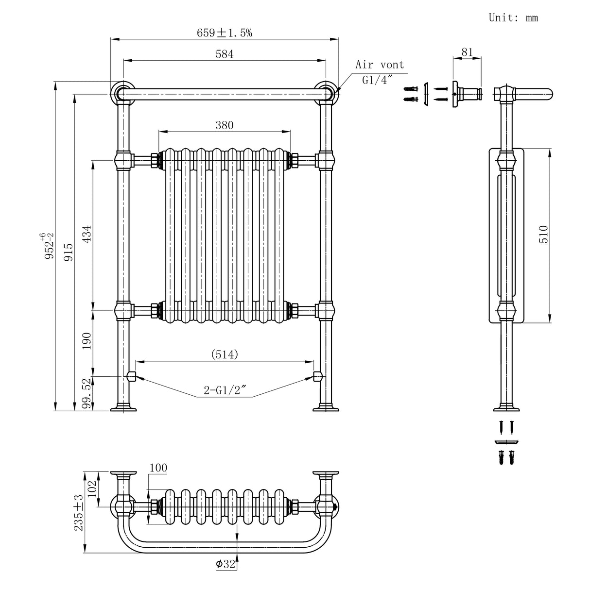 Radiateur Traditionnel Sèche-Serviettes - 950 mm x 660 mm - Blanc