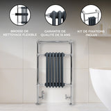 Radiateur en acier inoxydable avec finition chromée, design moderne, barres noires, idéal pour salle de bain, kit de fixation inclus