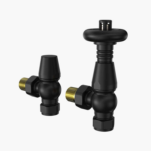 Vannes thermostatiques traditionnelles pour radiateur en noir, avec des détails en laiton et une finition lisse et mate