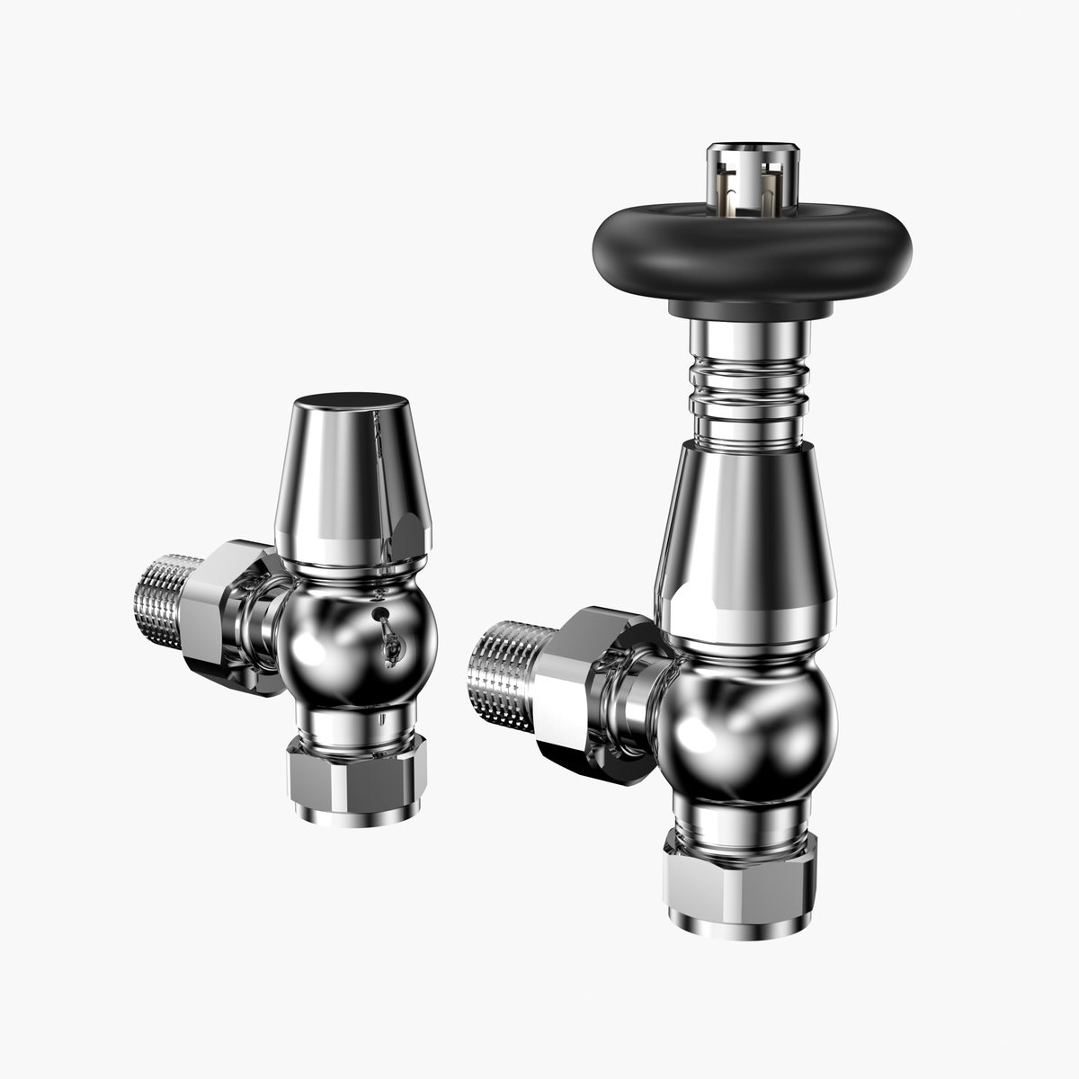 Robinet en métal chromé avec une finition brillante, présentant des formes arrondies et des détails de connexion pour plomberie