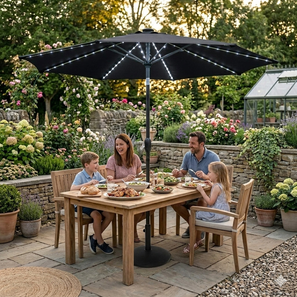 Parasol Inclinable à LED 2,7 m & Socle en Béton - Noir