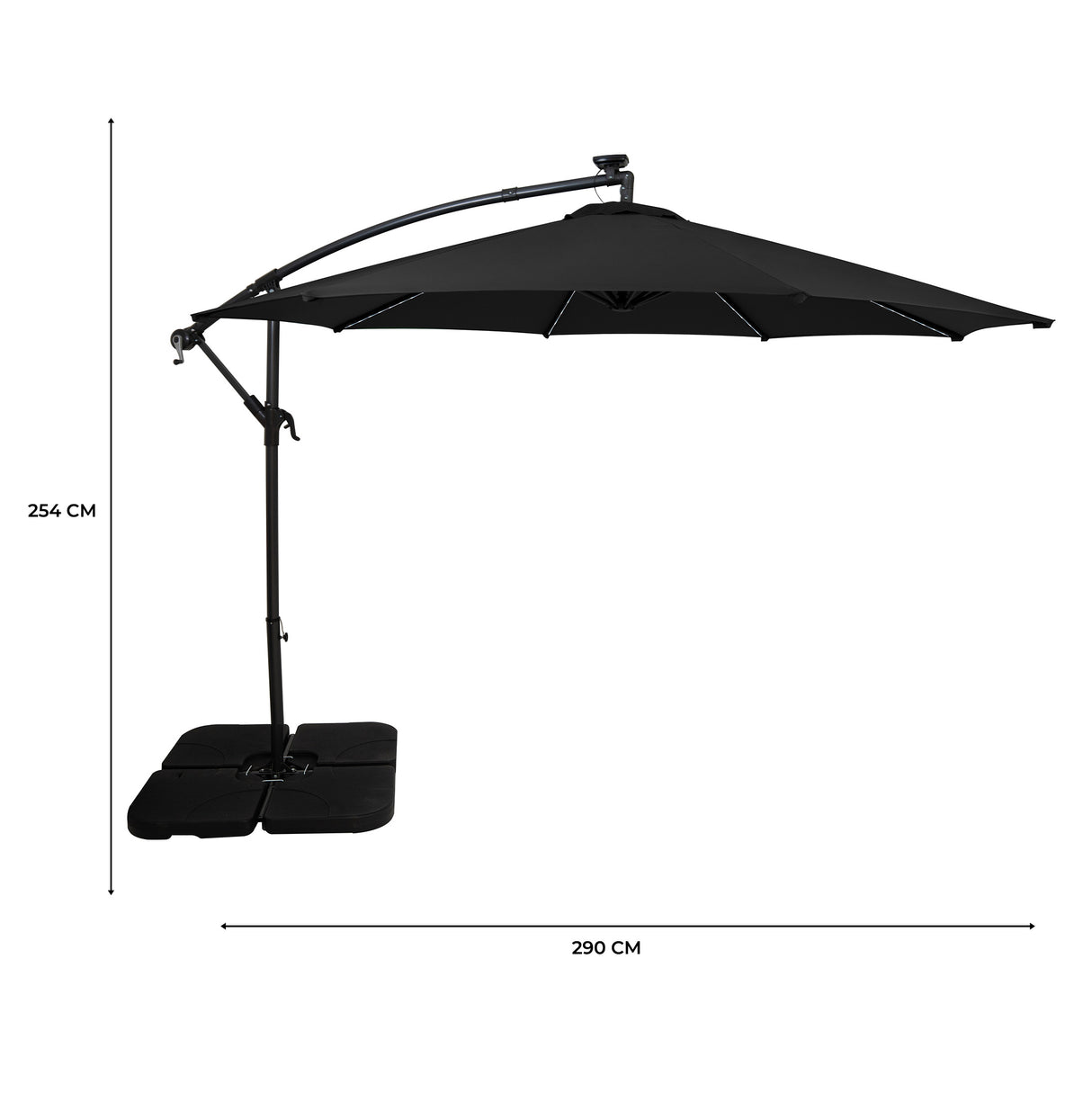 Parasol Banane à Mât Déporté à LED 3 m & Pied Carré - Noir