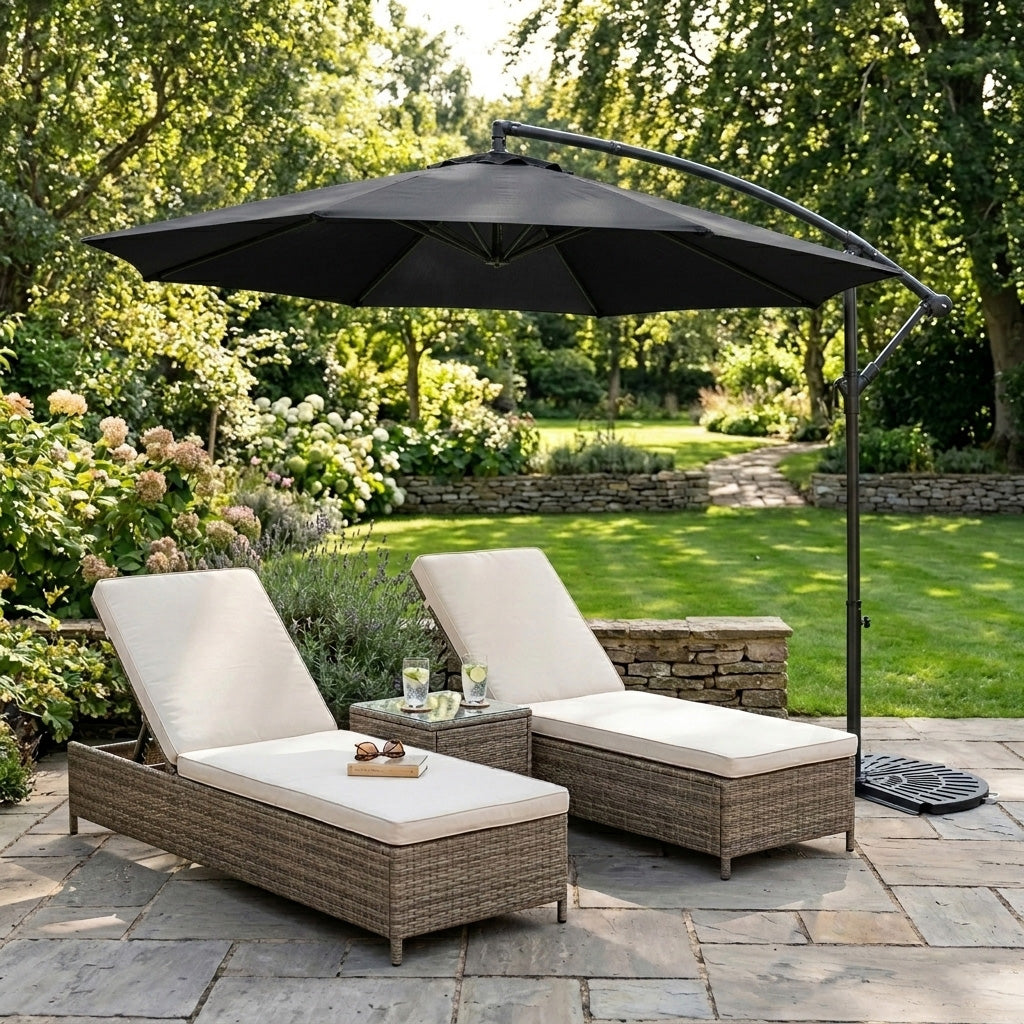 Parasol Banane à Mât Déporté 3 m & 2 Pieds en Éventail - Noir