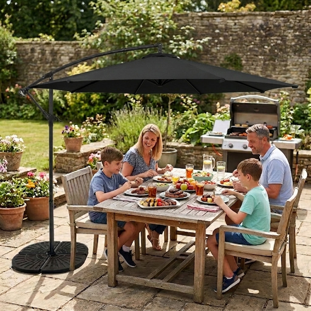 Parasol Banane à Mât Déporté 3 m & 4 Pieds en Éventail - Noir