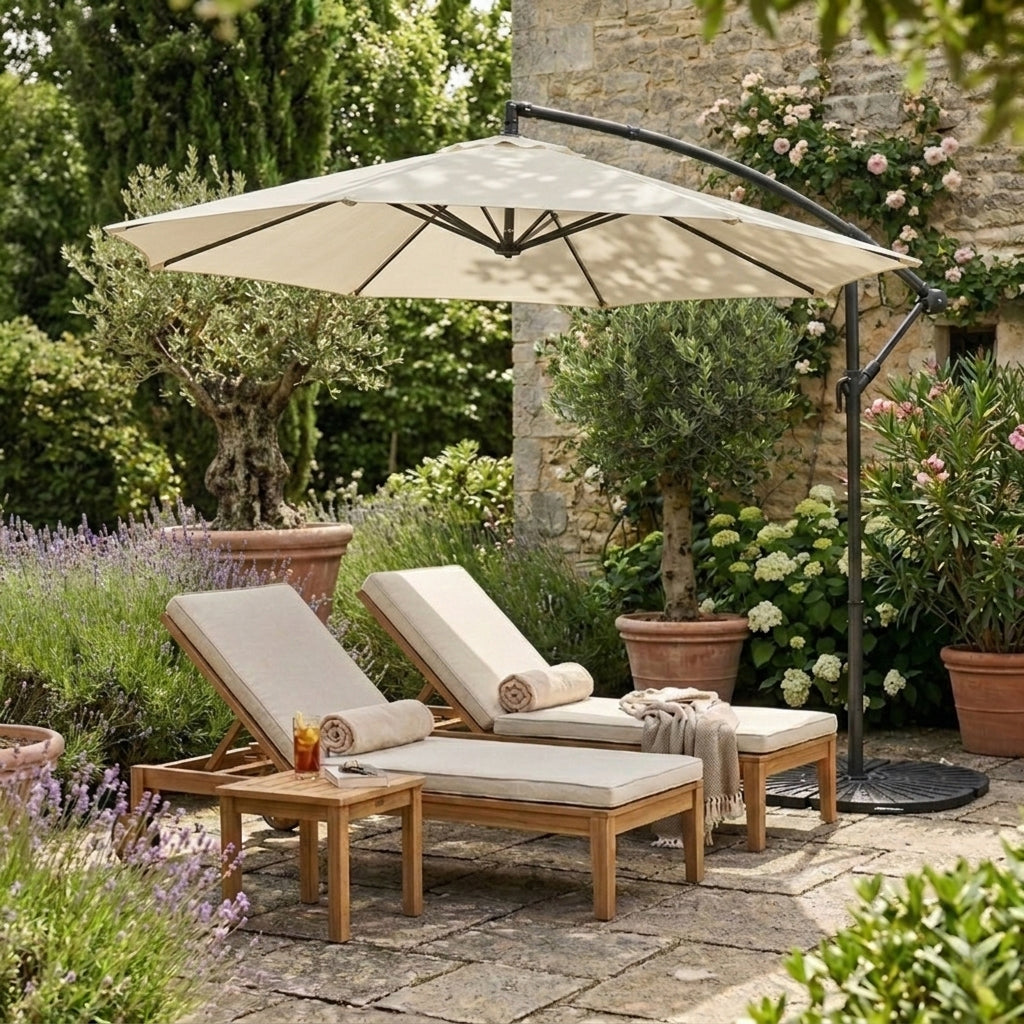 Parasol Banane à Mât Déporté 3 m & 4 Pieds en Éventail - Crème