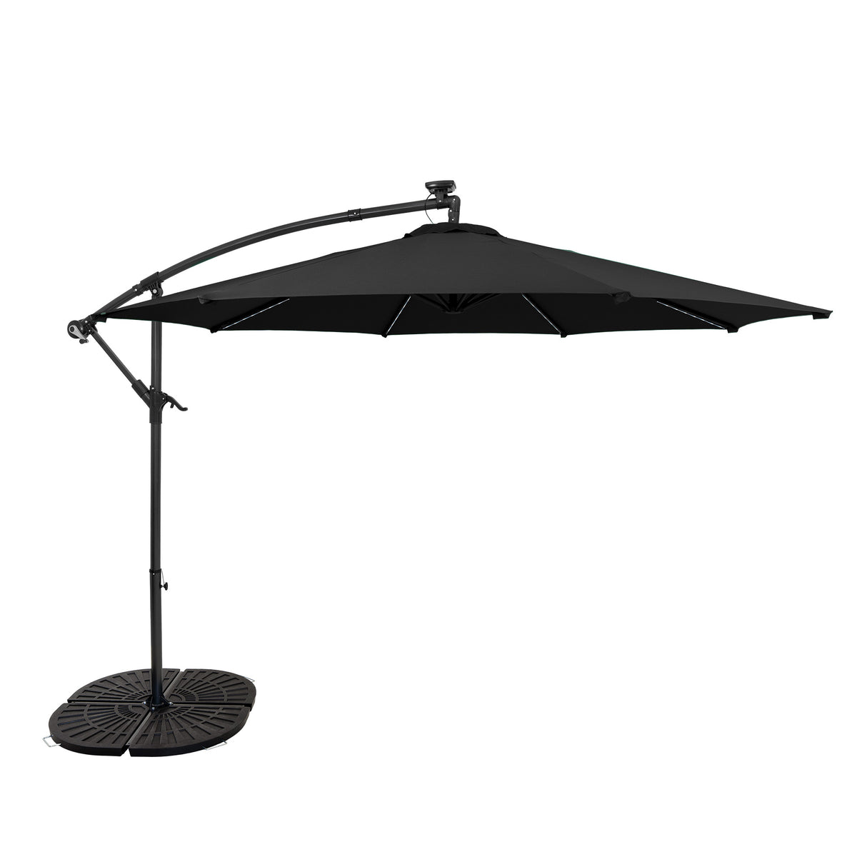 Parasol Banane à Mât Déporté à LED 3 m & 4 Pieds en Éventail - Noir