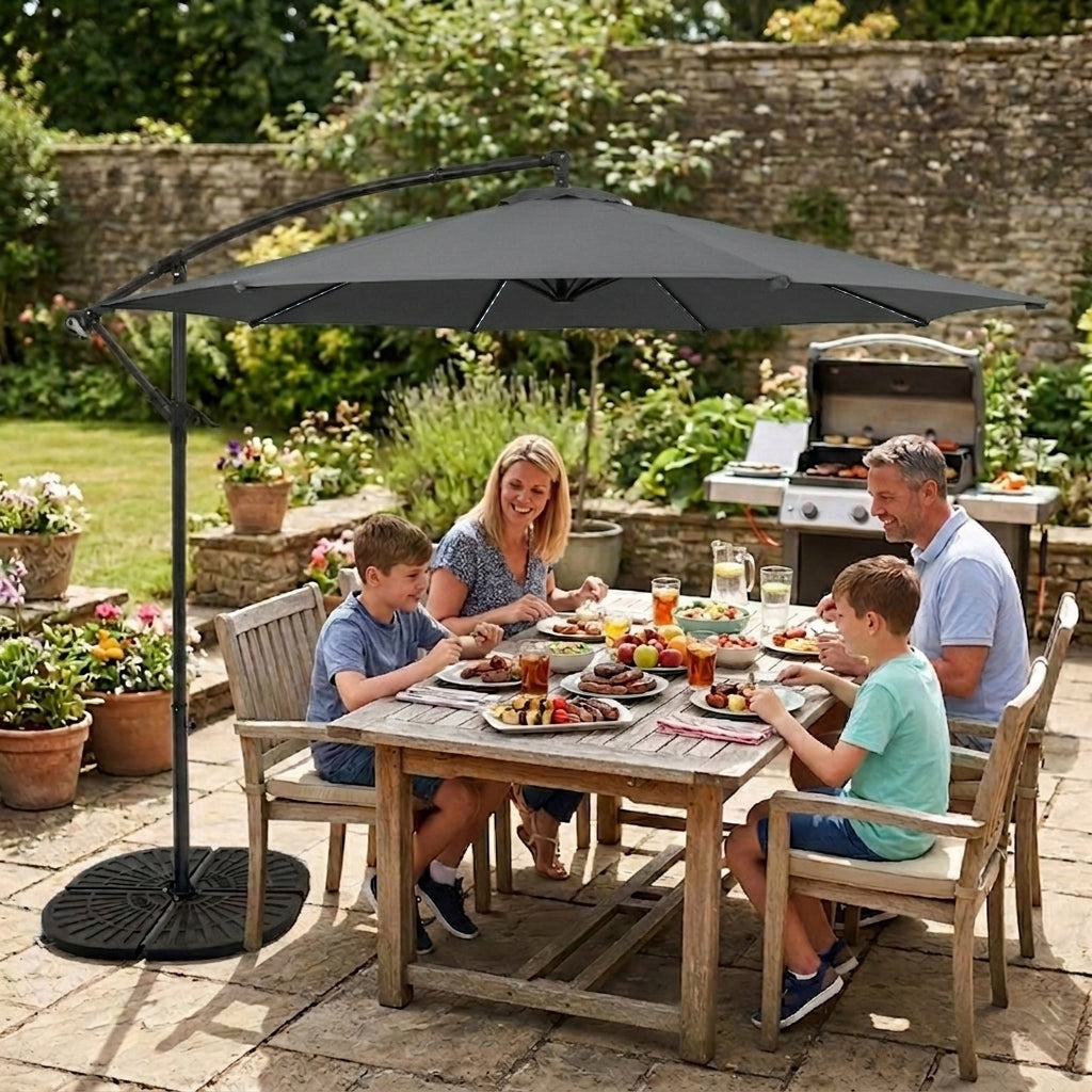 Parasol Banane à Mât Déporté à LED 3 m & 4 Pieds en Éventail - Gris