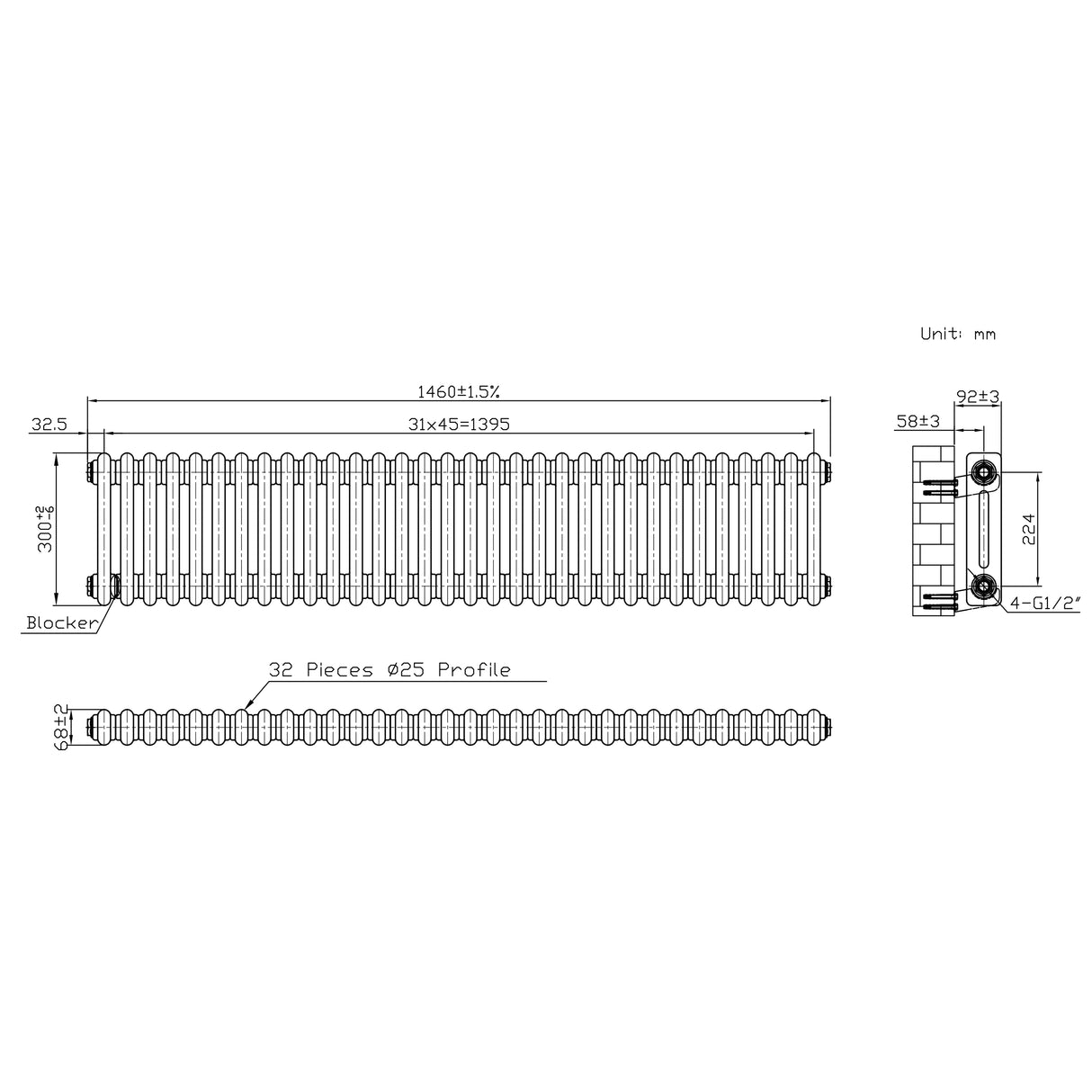Radiateur Traditionnel à 2 Colonnes & Vannes - 300 x 1460 mm - Métal Brut