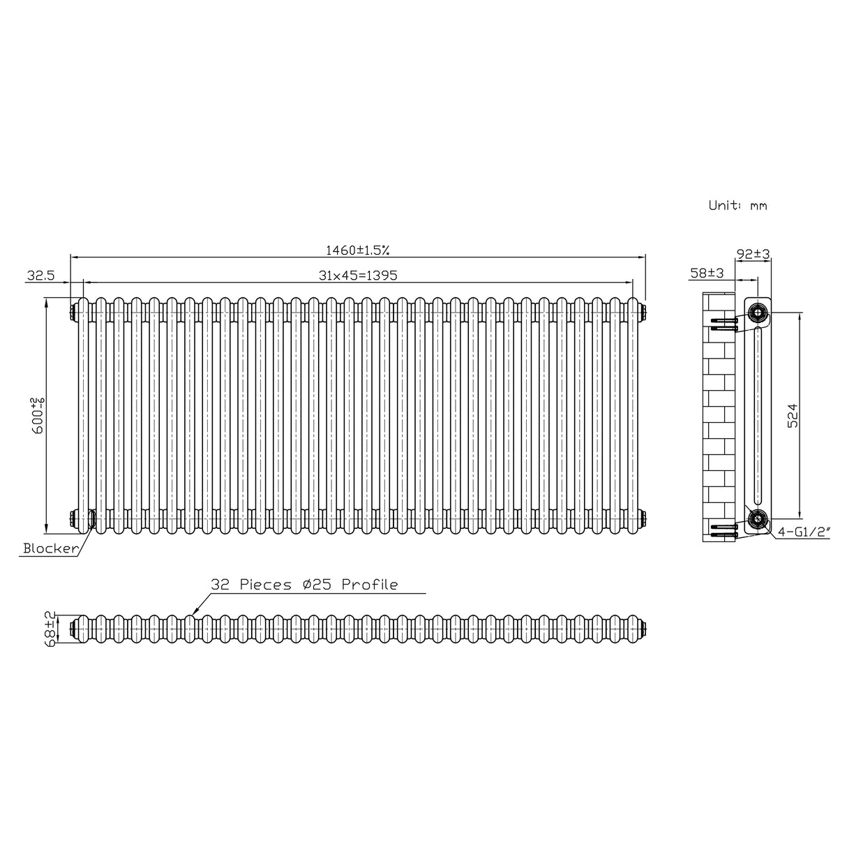 Radiateur Traditionnel à 2 Colonnes & Vannes - 600 x 1460 mm - Métal Brut
