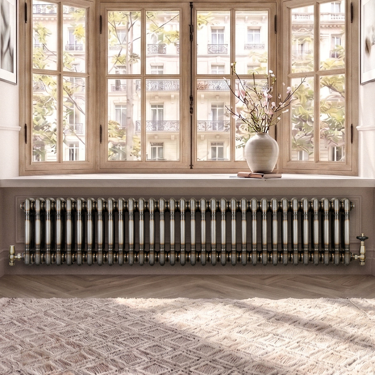 Radiateur Traditionnel à 3 Colonnes & Vannes - 300 x 1460 mm - Métal Brut