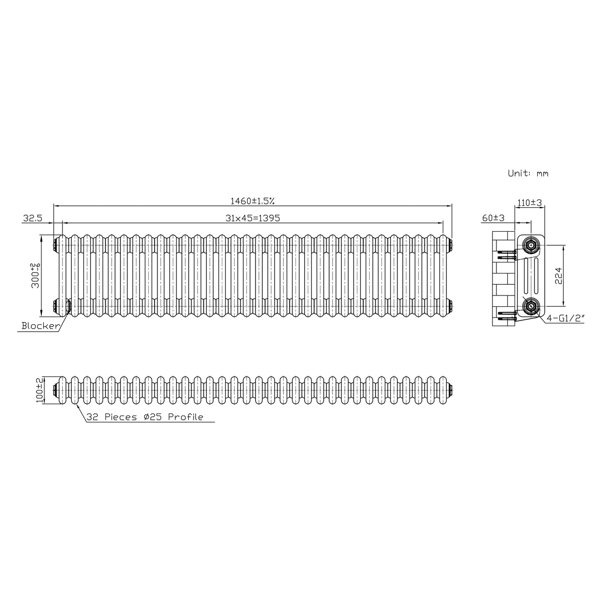 Radiateur Traditionnel à 3 Colonnes & Vannes - 300 x 1460 mm - Métal Brut