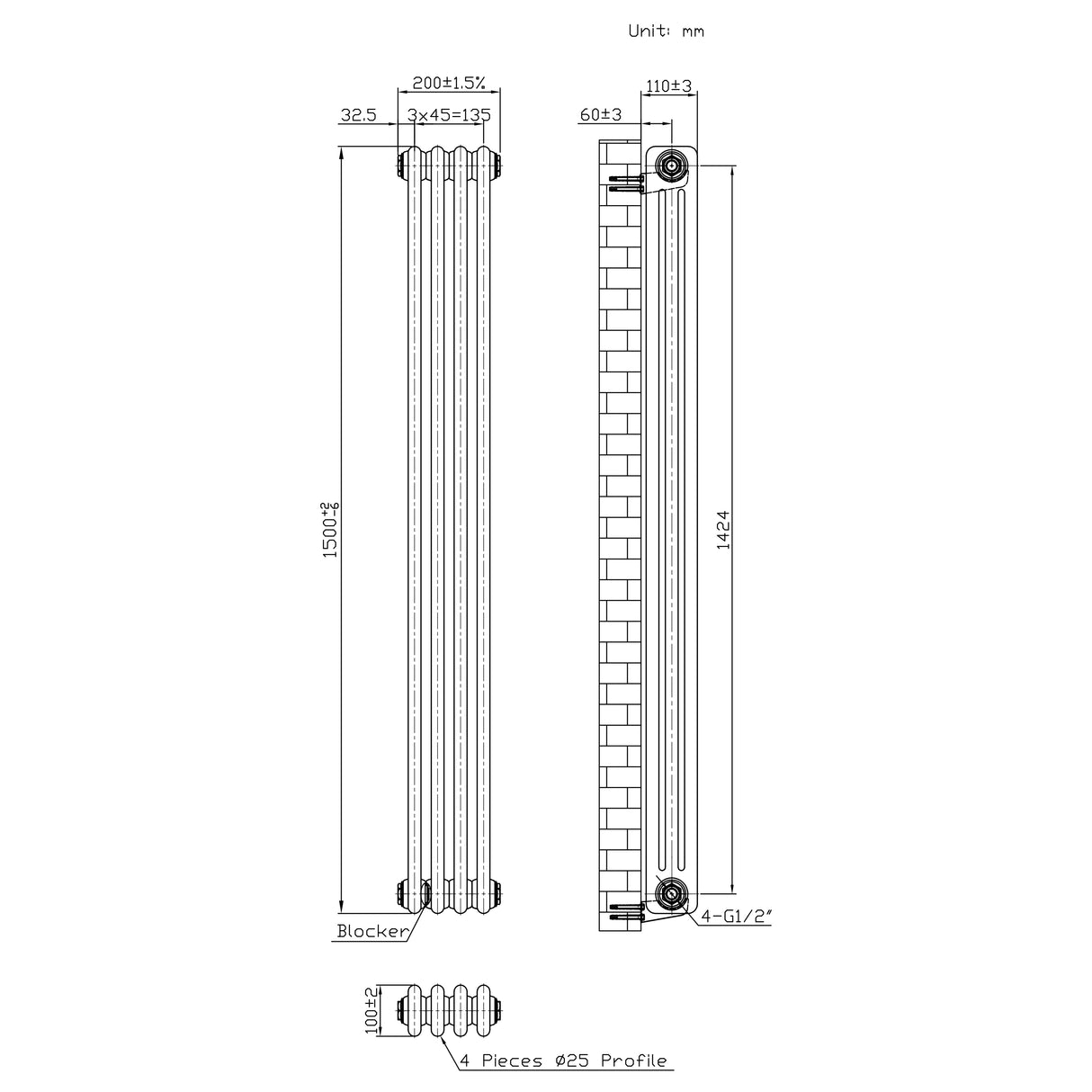 Radiateur Traditionnel à 3 Colonnes & Vannes - 1500 x 200 mm - Métal Brut