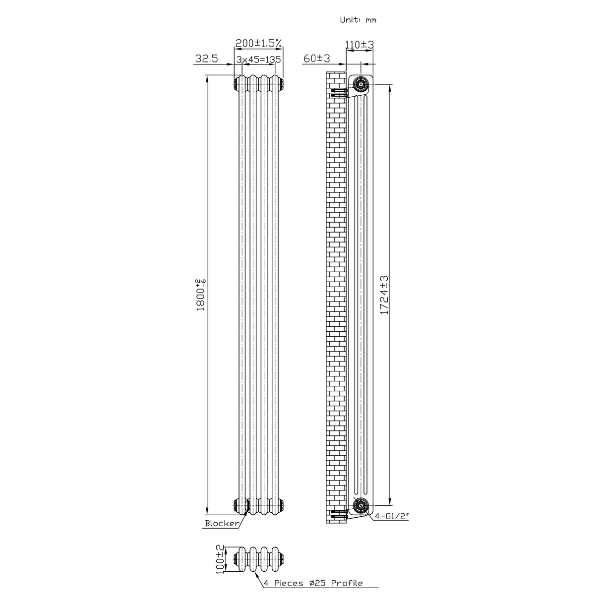 Radiateur Traditionnel à 3 Colonnes & Vannes - 1800 x 200 mm - Métal Brut