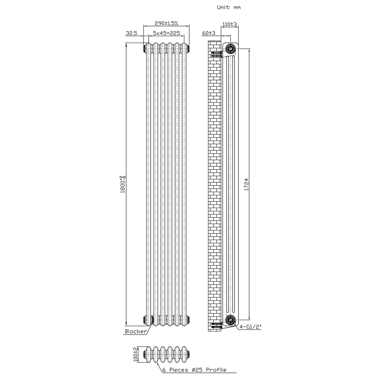 Radiateur Traditionnel à 3 Colonnes & Vannes - 1800 x 290 mm - Métal Brut