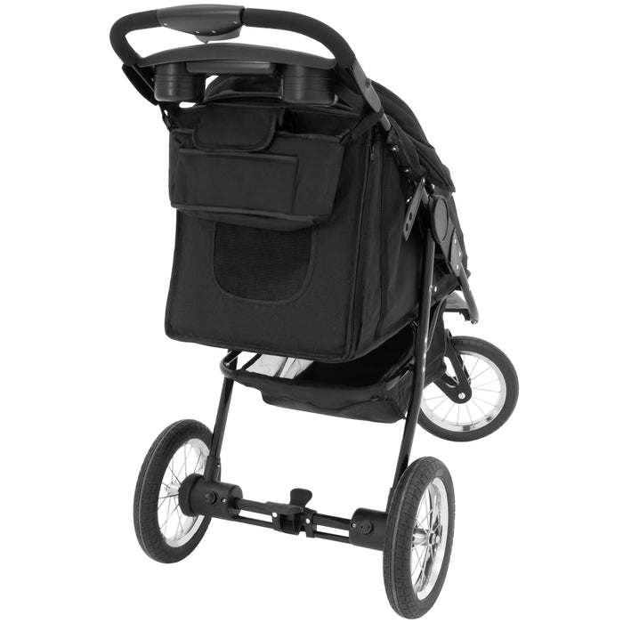 Poussette noire élégante avec un grand panier à l'arrière, roues robustes et design moderne, idéale pour les promenades en ville