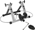 Support d'entraînement pour vélo à résistance magnétique en argent, avec cadre robuste, rouleaux noirs et accessoires inclus