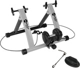 Support d'entraînement pour vélo à résistance magnétique en argent, avec cadre robuste, rouleaux noirs et accessoires inclus
