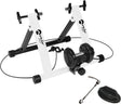 Support d'entraînement pour vélo à résistance magnétique, structure blanche et noire, avec tapis, offrant stabilité et confort pour l'exercice