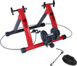 Support d'entraînement pour vélo à résistance magnétique, structure rouge et noire, avec rouleau et accessoires pour un usage pratique